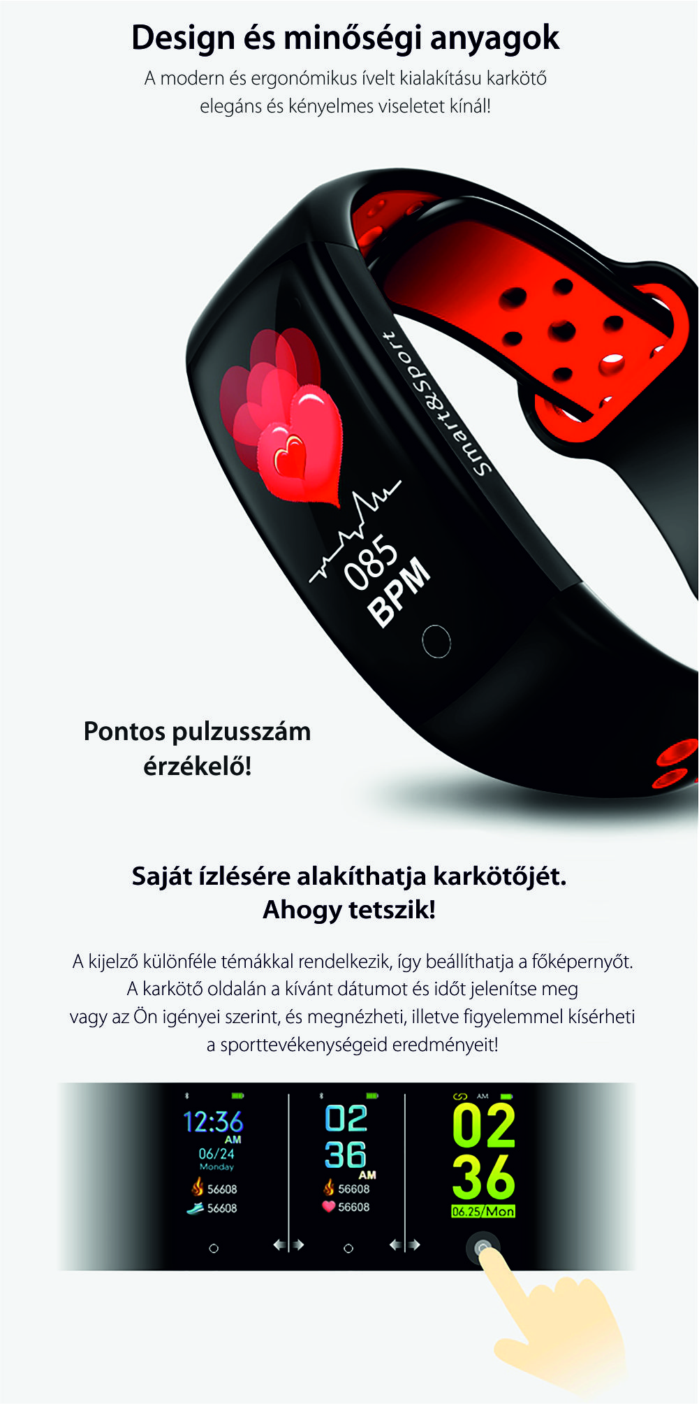 Intelligens fitnesz karkötő YQT Q8 Pulzusmérő funkció, Vérnyomásmérő funkció, Alvásfigyelő, Lépésszámláló, Értesítések, Fekete, Fekete – Szürke