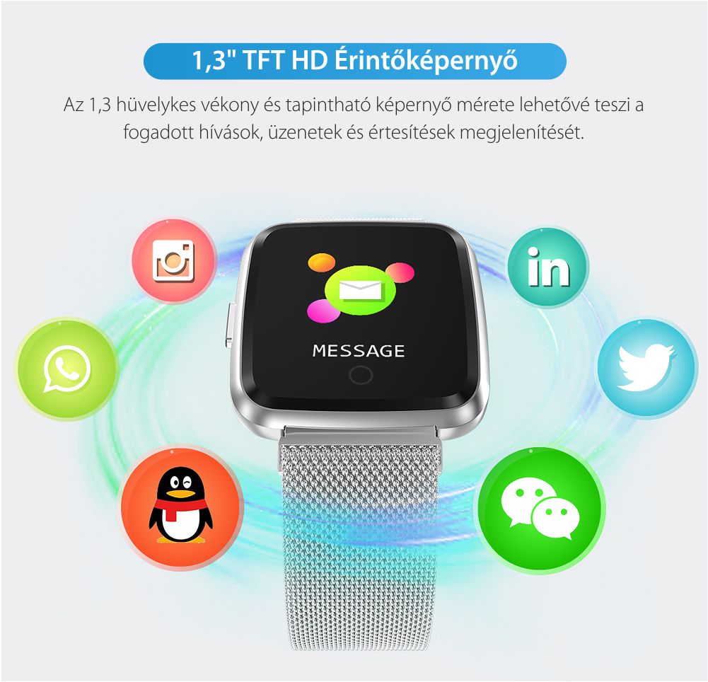 Okosóra óra TKY-Y7 Pulzusmérő funkció, Vérnyomásmérő funkció, Alvásminőség, Megtett Távolság, Elégetett Kalóriák, Üzenetek kijelzése, Mágneses töltés, Ezüst színű