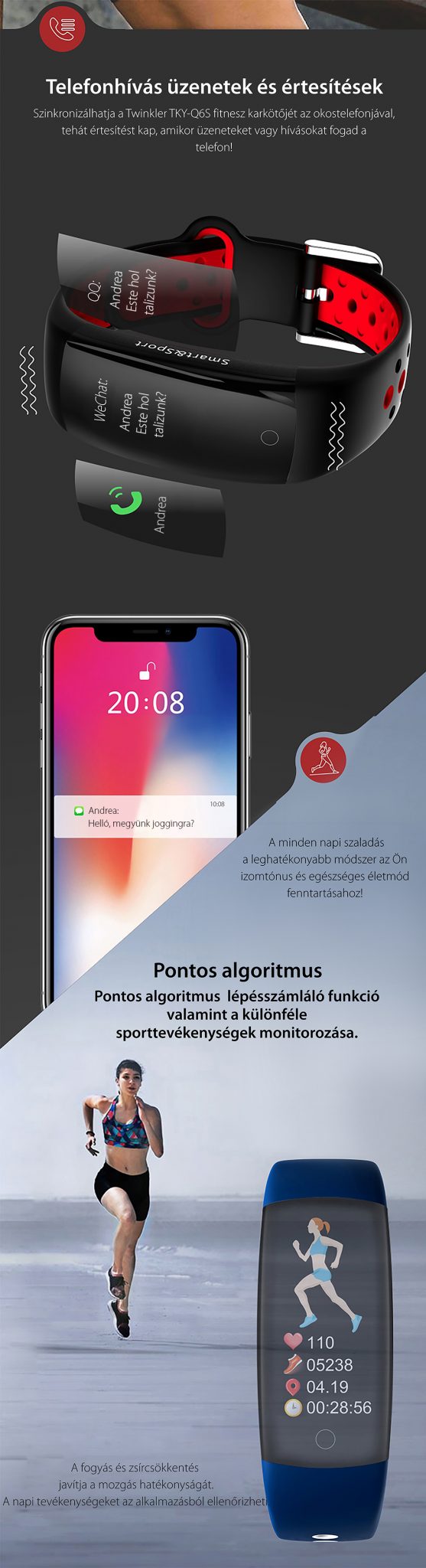 Intelligens fitnesz karkötő YQT Q8 Pulzusmérő funkció, Vérnyomásmérő funkció, Alvásfigyelő, Lépésszámláló, Értesítések, Fekete, Fekete – Szürke