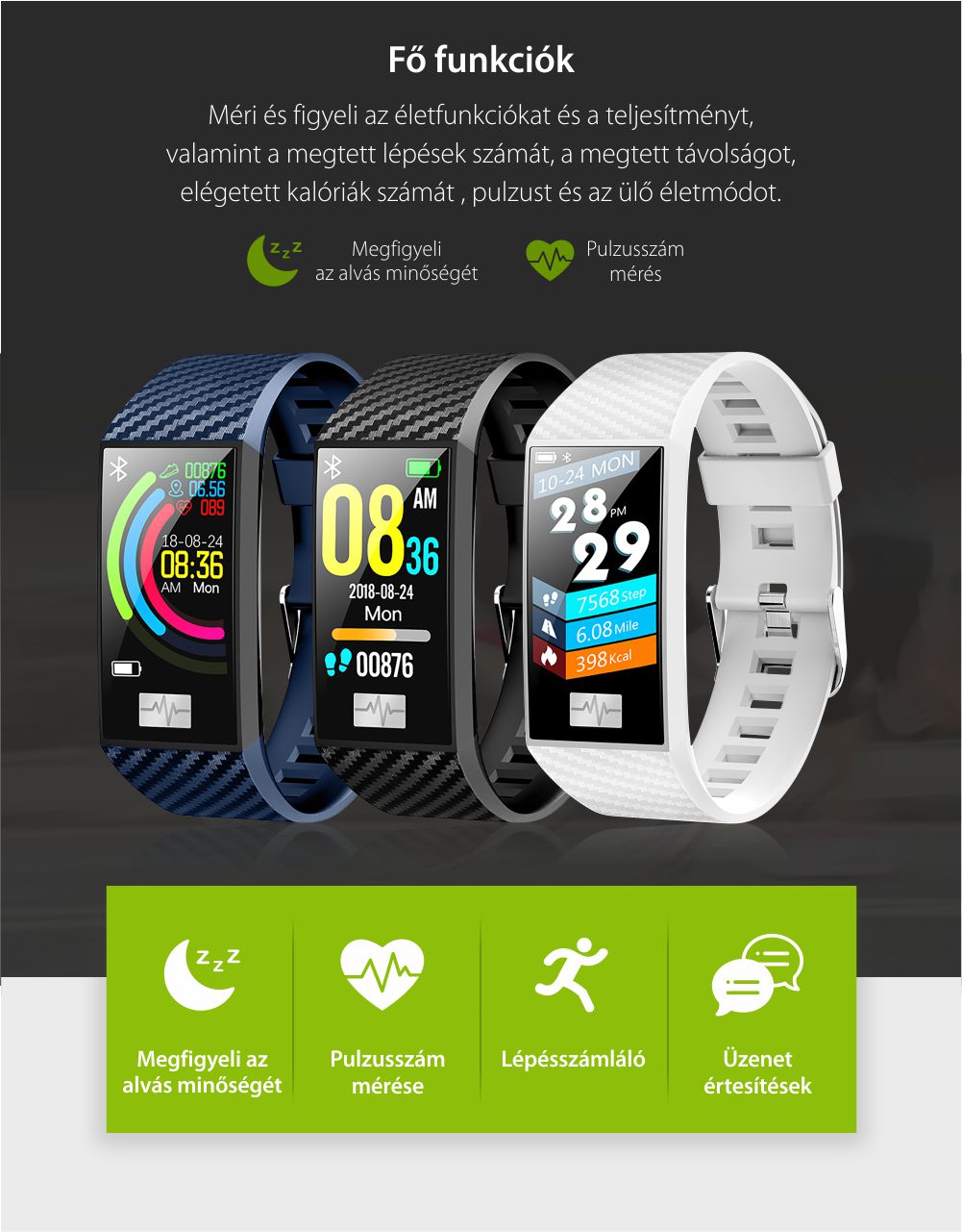 Intelligens fitnesz karkötő TKY-DT58 Plusz, Szívfrekvencia-variabilitást (HRV) monitorozó funkcióval, Vérnyomásmérő funkció, Megtett Távolság, Magasság, Légköri nyomás, Kék