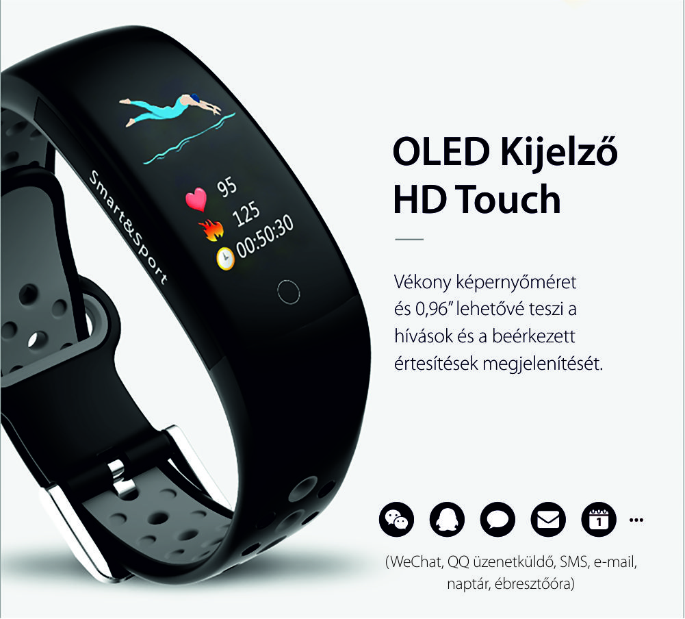 Intelligens fitnesz karkötő YQT Q8 Pulzusmérő funkció, Vérnyomásmérő funkció, Alvásfigyelő, Lépésszámláló, Értesítések, Fekete, Fekete – Szürke