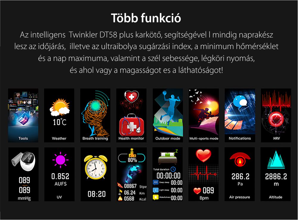 Intelligens fitnesz karkötő TKY-DT58 Plusz, Szívfrekvencia-variabilitást (HRV) monitorozó funkcióval, Vérnyomásmérő funkció, Megtett Távolság, Magasság, Légköri nyomás, Kék