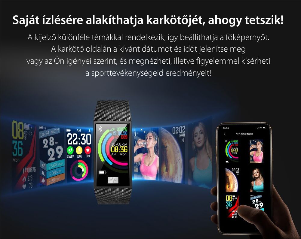 Intelligens fitnesz karkötő TKY-DT58 Plusz, Szívfrekvencia-variabilitást (HRV) monitorozó funkcióval, Vérnyomásmérő funkció, Megtett Távolság, Magasság, Légköri nyomás, Kék