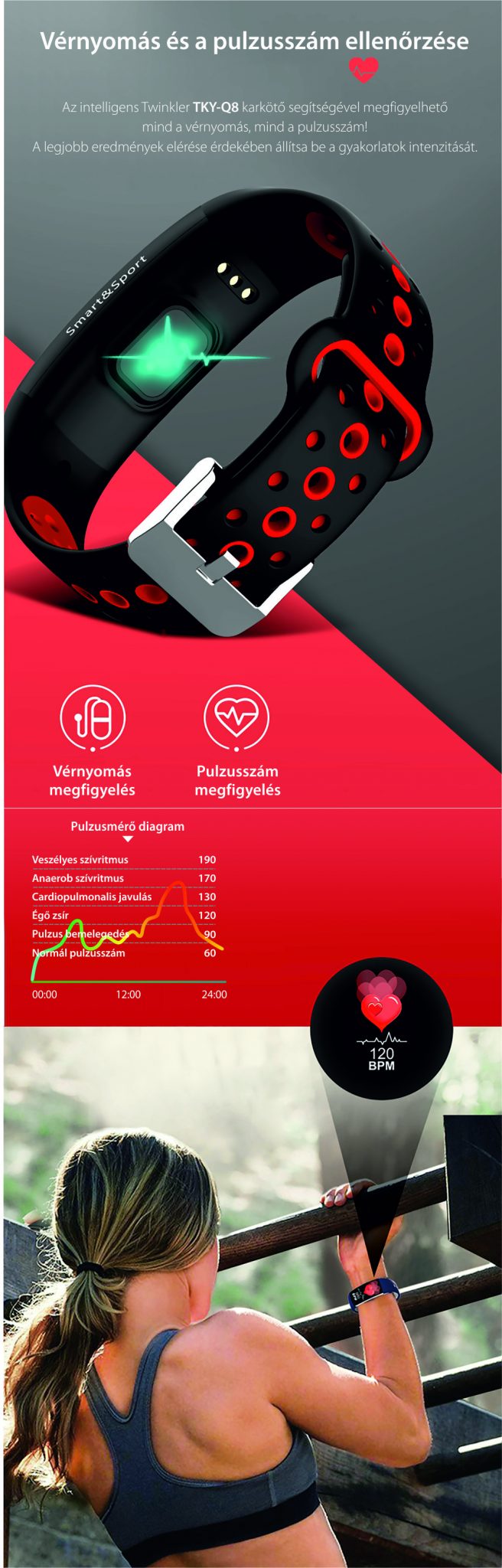 Intelligens fitnesz karkötő YQT Q8 Pulzusmérő funkció, Vérnyomásmérő funkció, Alvásfigyelő, Lépésszámláló, Értesítések, Fekete, Fekete – Szürke