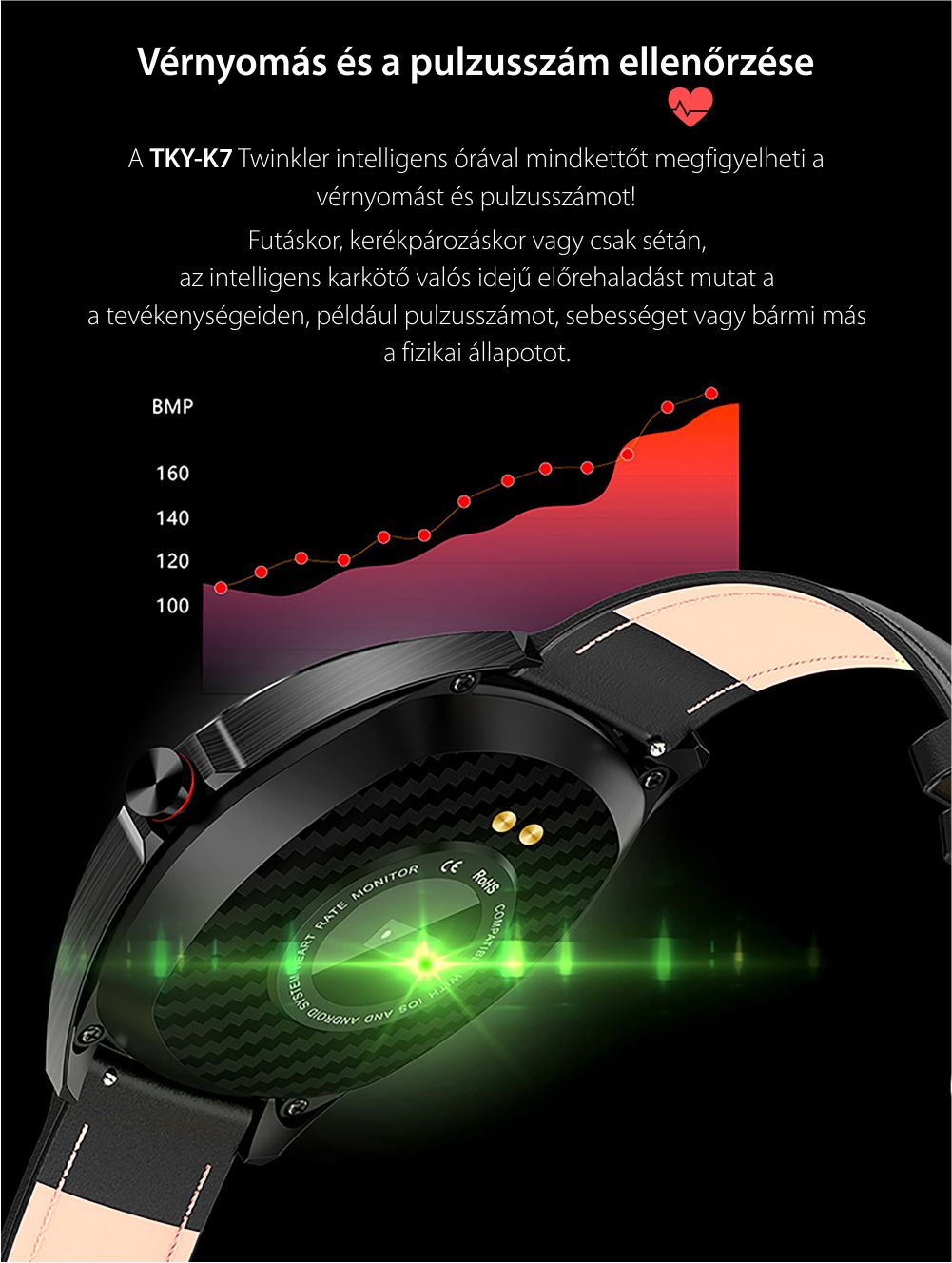 Okosóra Twinkler TKY-K7 Pulzusmérő funkció, Vérnyomásmérő funkció, Megtett Távolság, Hívás/SMS Értesítések, Bluetooth, Barna