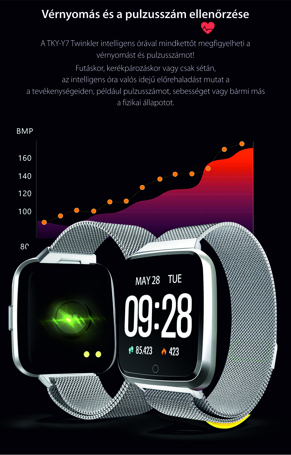 Okosóra óra TKY-Y7 Pulzusmérő funkció, Vérnyomásmérő funkció, Alvásminőség, Megtett Távolság, Elégetett Kalóriák, Üzenetek kijelzése, Mágneses töltés, Ezüst színű