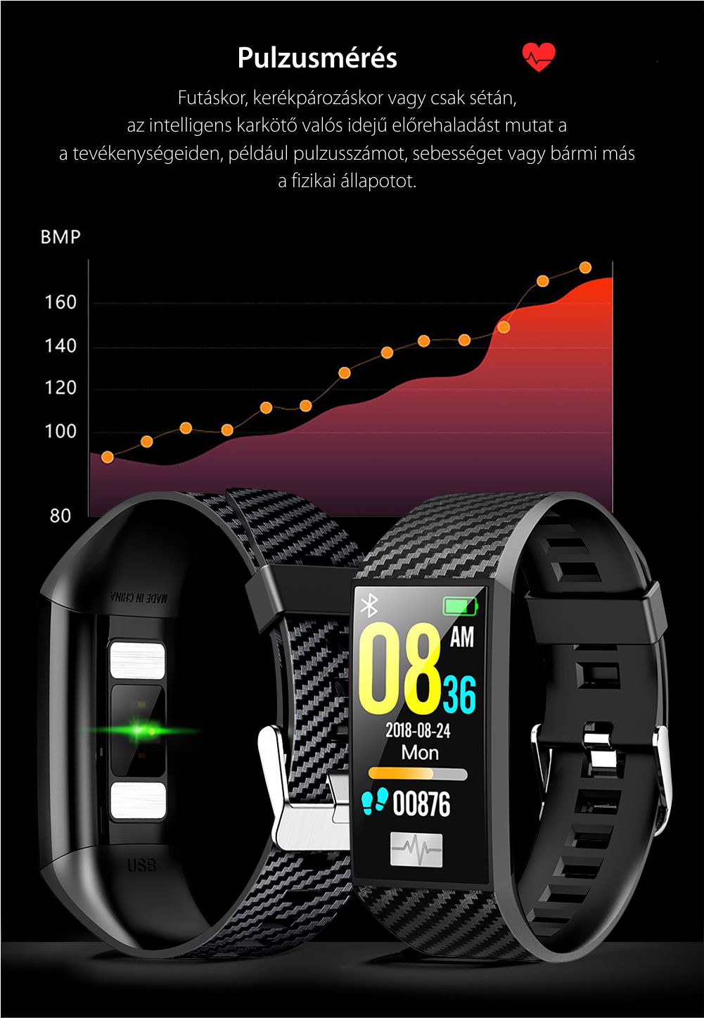 Intelligens fitnesz karkötő TKY-DT58 Plusz, Szívfrekvencia-variabilitást (HRV) monitorozó funkcióval, Vérnyomásmérő funkció, Megtett Távolság, Magasság, Légköri nyomás, Kék
