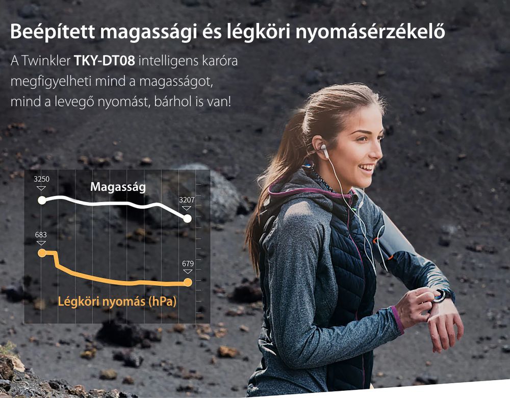 Okosóra Twinkler TKY-DT08 Szívfrekvencia-variabilitást (HRV) monitorozó funkcióval, Alvásminőség, Barométer, Magasság, Iránytű, Piros