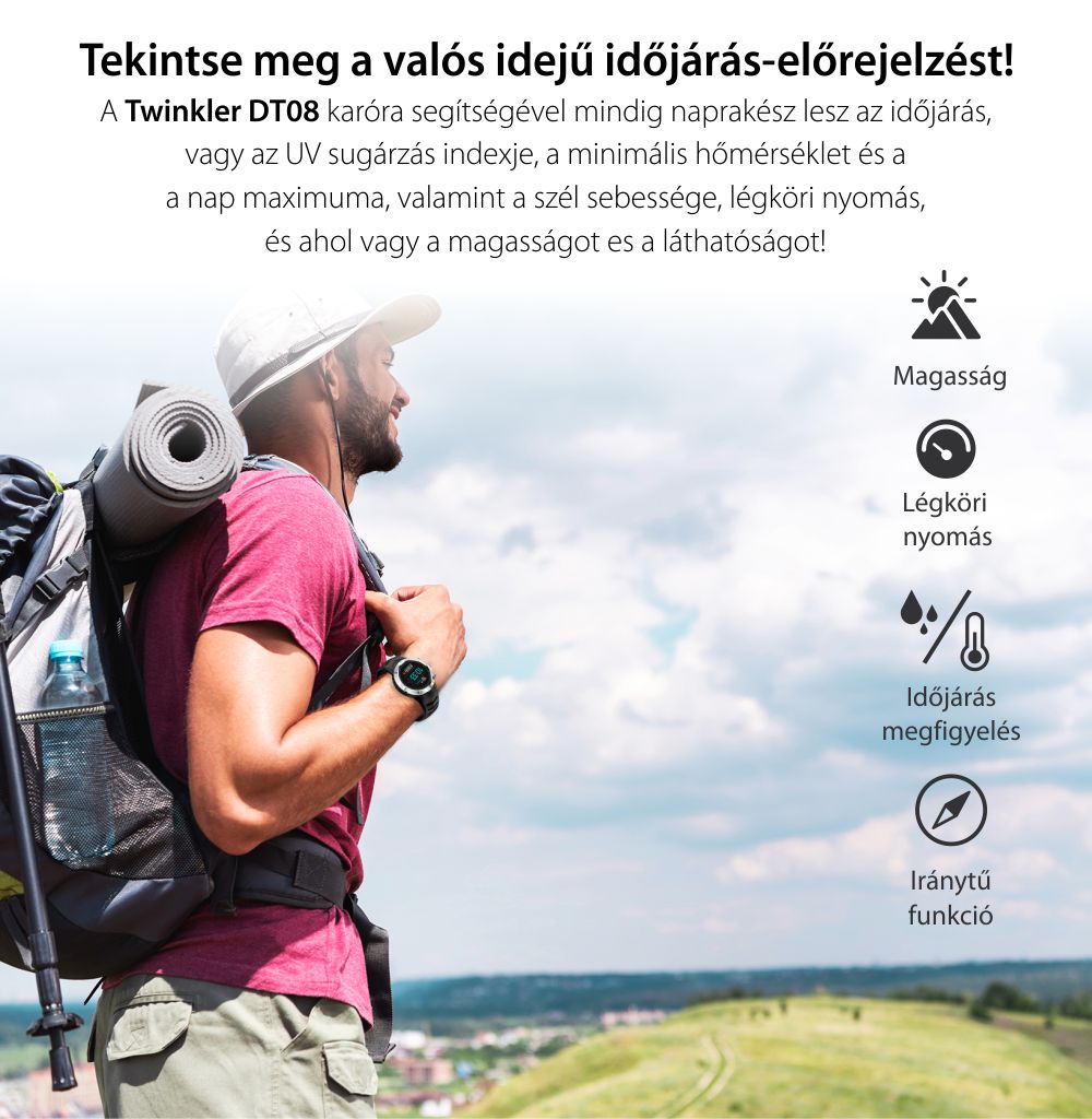 Okosóra Twinkler TKY-DT08 Szívfrekvencia-variabilitást (HRV) monitorozó funkcióval, Alvásminőség, Barométer, Magasság, Iránytű, Piros