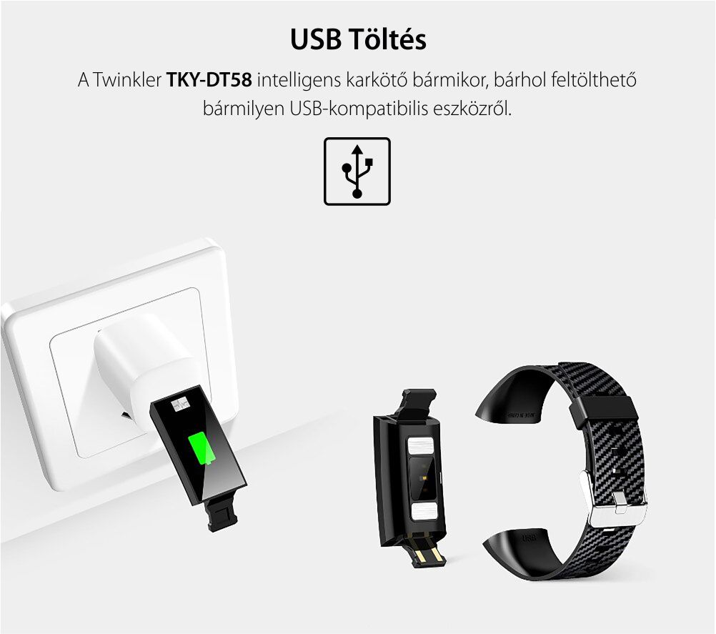 Intelligens fitnesz karkötő TKY-DT58 Plusz, Szívfrekvencia-variabilitást (HRV) monitorozó funkcióval, Vérnyomásmérő funkció, Megtett Távolság, Magasság, Légköri nyomás, Kék