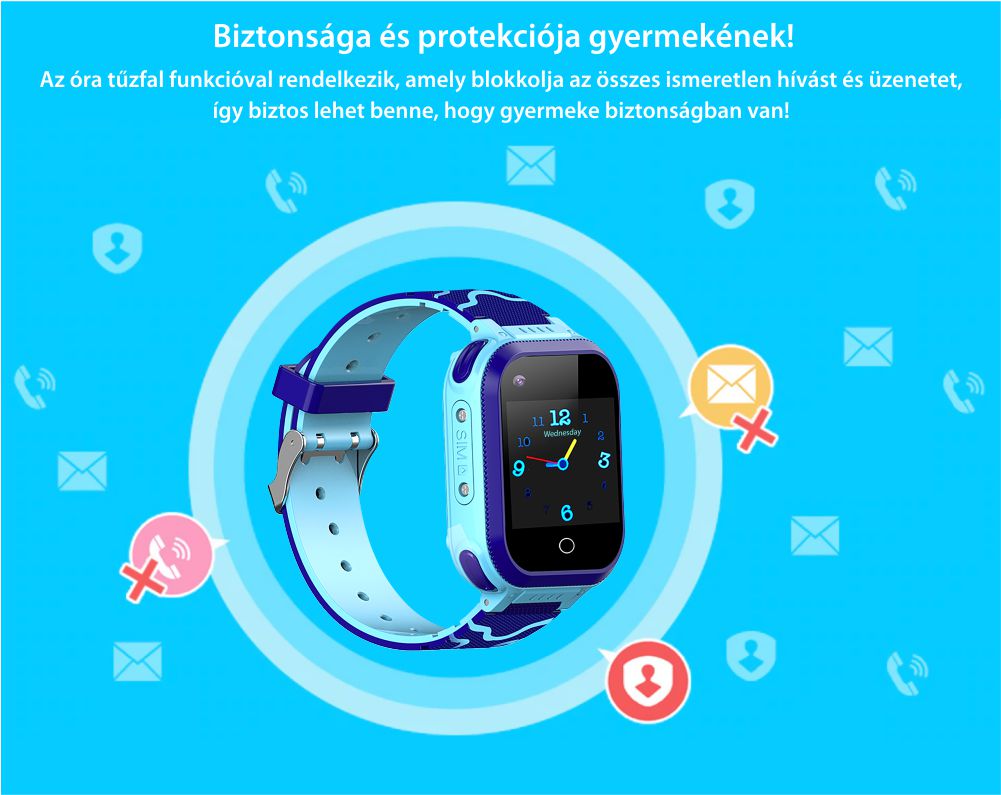 Okosóra gyerekeknek YQT T3 Tárcsázási funkcióval, Videohívással, GPS Nyomkövetők, Útvonal visszakövetése, Hívásfigyelés, Kamera, Zseblámpa, Android, 4G, Kék