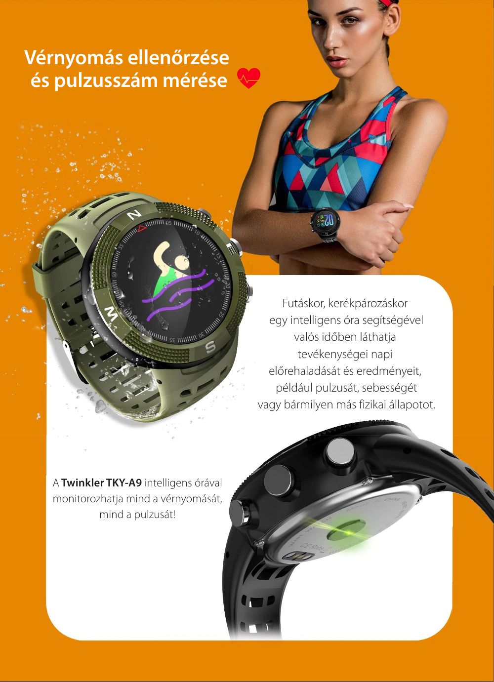 Okosóra TKY-F18 Twinkler pulzusmérő funkcióval, Alvásminőség szinttel, GPS, Iránytű, Mágneses töltés, Zöld