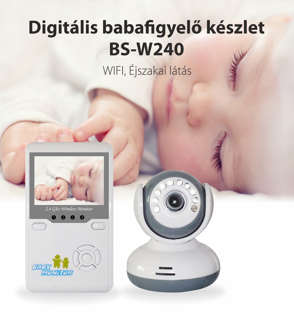 Digitális Bébiőr Készlet, BS-W240, 2,4 GHz LCD, Vezeték nélküli, Éjjellátó, 19 dBm, Infravörös, Vokális Ébresztővel