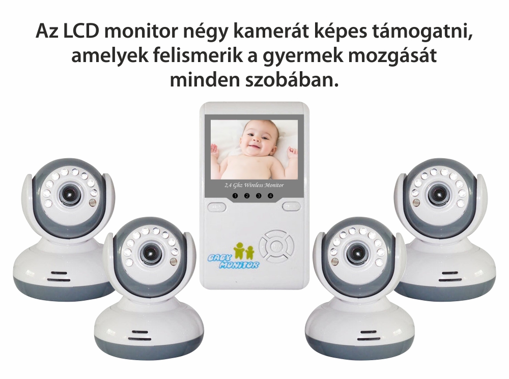 Digitális Bébiőr Készlet, BS-W240, 2,4 GHz LCD, Vezeték nélküli, Éjjellátó, 19 dBm, Infravörös, Vokális Ébresztővel