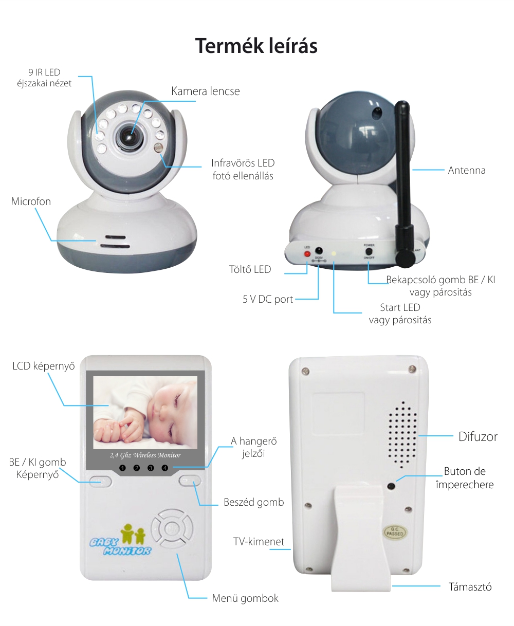 Digitális Bébiőr Készlet, BS-W240, 2,4 GHz LCD, Vezeték nélküli, Éjjellátó, 19 dBm, Infravörös, Vokális Ébresztővel