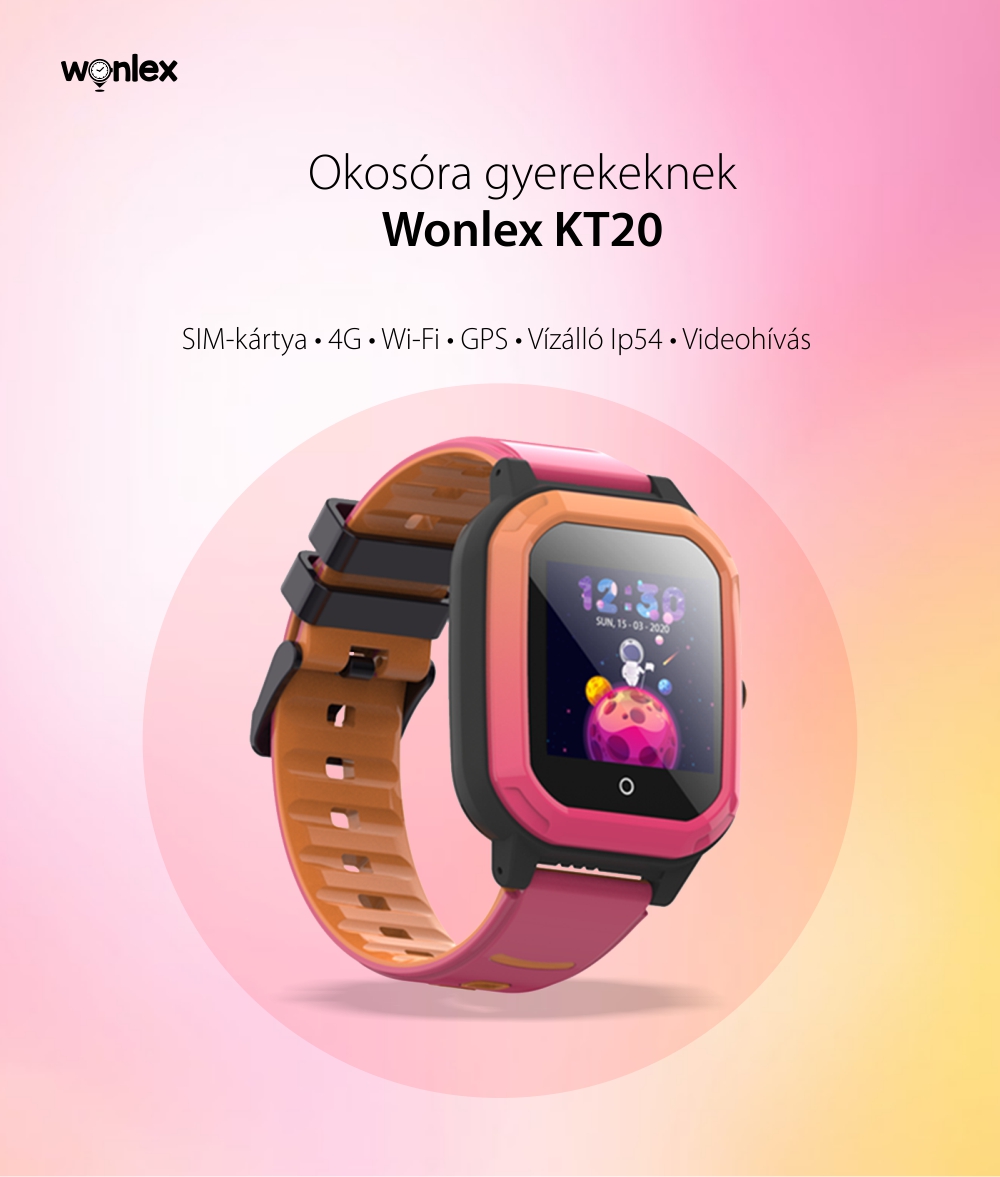 Okosóra gyerekeknek Wonlex KT20, SIM-kártya, 4G, Vízállóság IP54, Videohívás, SOS Gomb, Kétirányú kommunikáció, GPS Nyomkövető, Rezgés funkció, Fekete