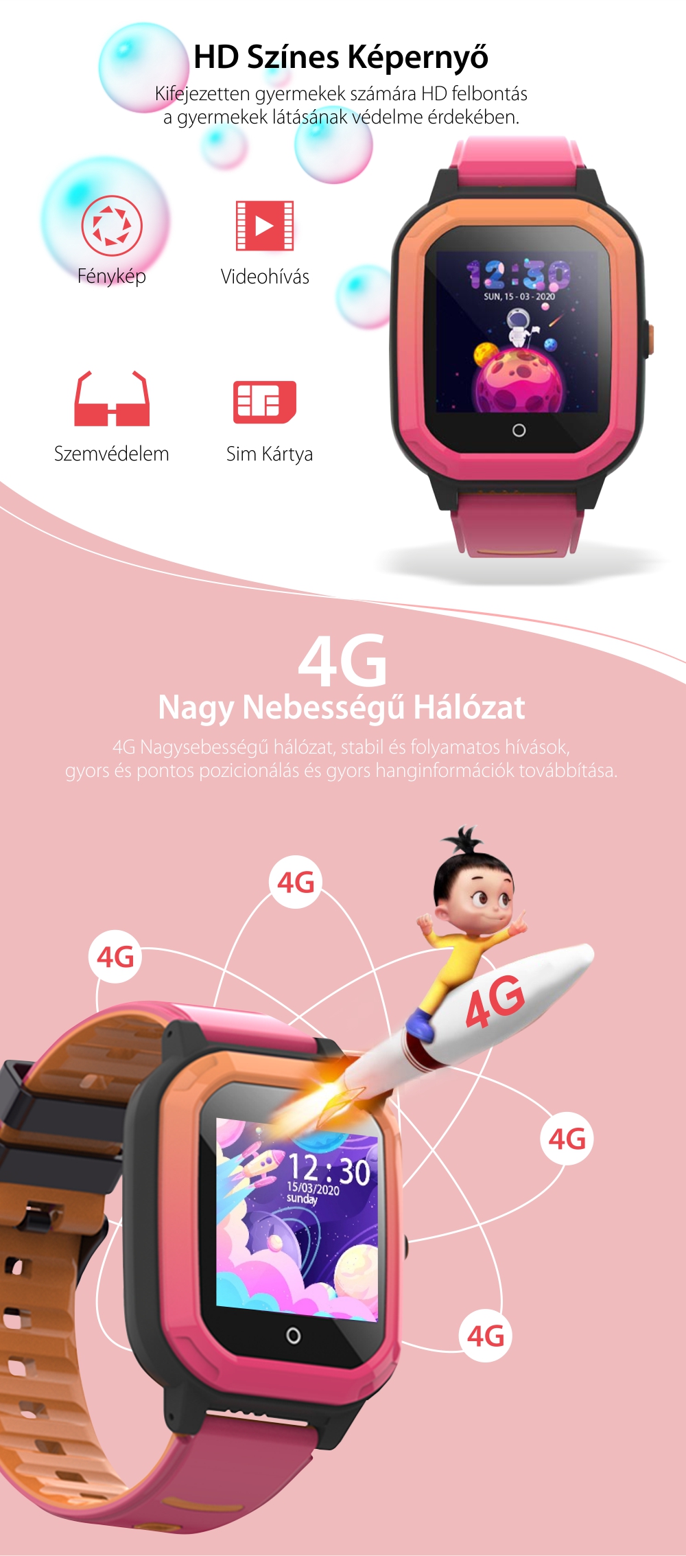 Okosóra gyerekeknek Wonlex KT20, SIM-kártya, 4G, Vízállóság IP54, Videohívás, SOS Gomb, Kétirányú kommunikáció, GPS Nyomkövető, Rezgés funkció, Fekete