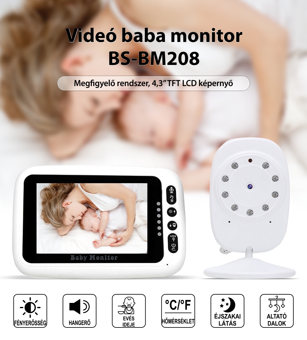 Bébiőr BS-BM208 Vezeték nélküli, Audio-Video megfigyelés, Hőmérséklet-figyelés, Ételidő, Kétirányú kommunikáció, Altatódalok, Éjszakai látás, Fehér