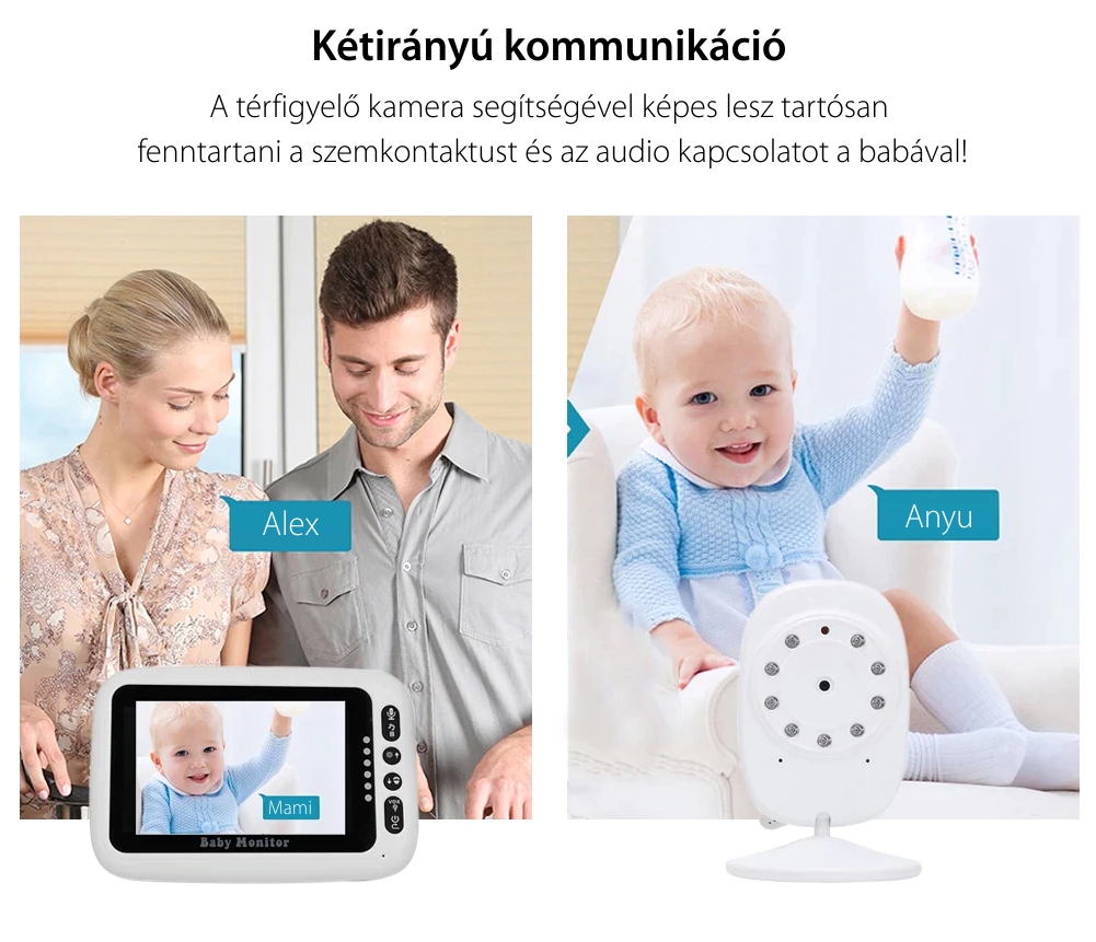 Bébiőr BS-BM208 Vezeték nélküli, Audio-Video megfigyelés, Hőmérséklet-figyelés, Ételidő, Kétirányú kommunikáció, Altatódalok, Éjszakai látás, Fehér