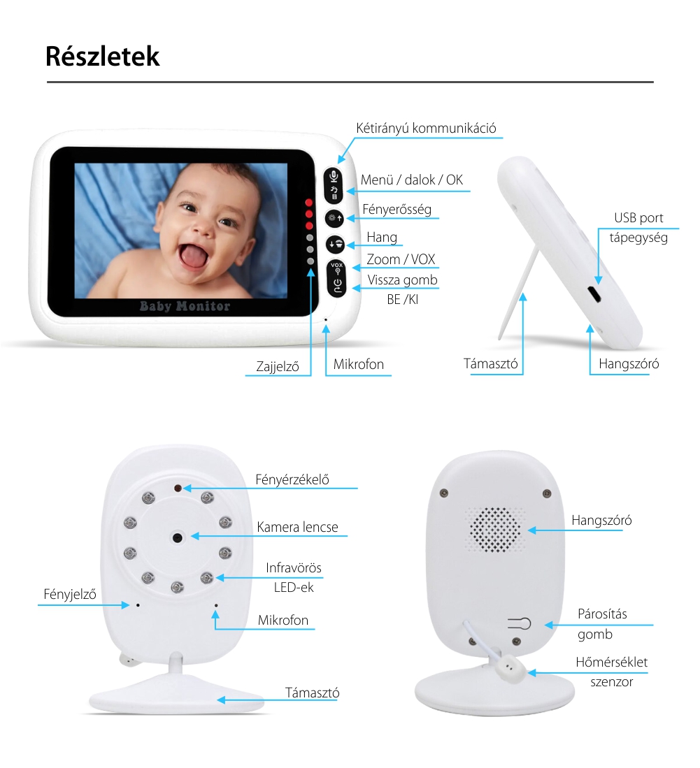 Bébiőr BS-BM208 Vezeték nélküli, Audio-Video megfigyelés, Hőmérséklet-figyelés, Ételidő, Kétirányú kommunikáció, Altatódalok, Éjszakai látás, Fehér