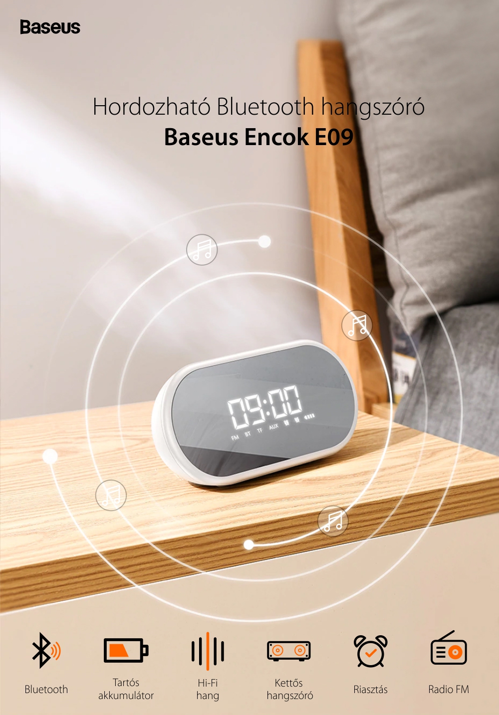 Hordozható Bluetooth Hangszóró Baseus Encok E09, Fekete, Vezeték nélküli, Multifunkciós óra, Riasztó