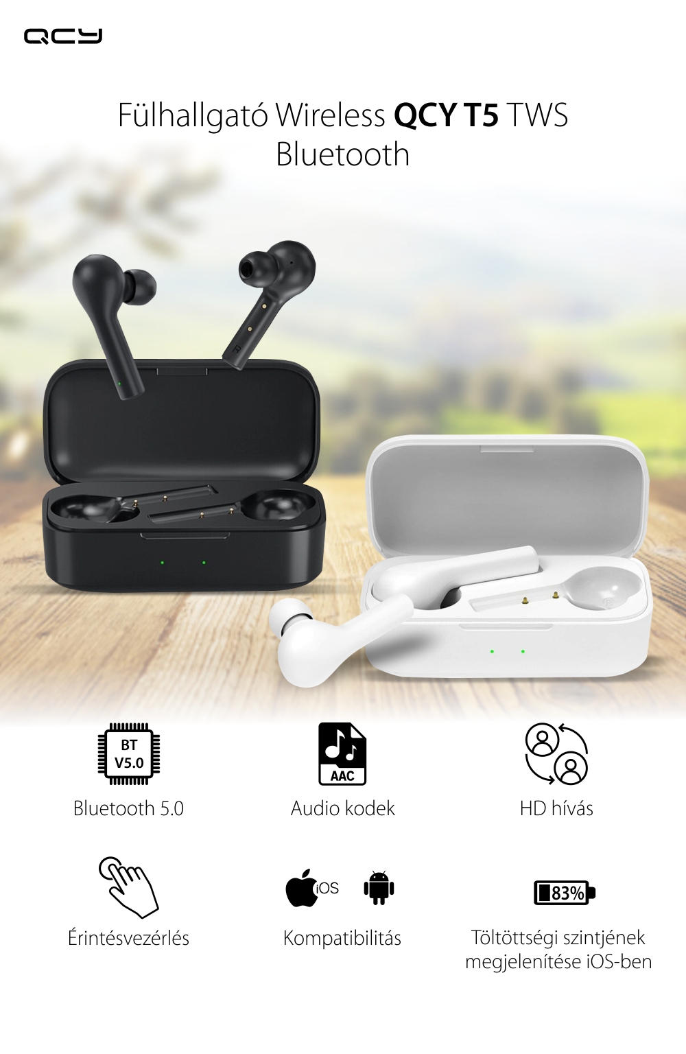 Fülhallgató QCY T5 TWS, Fehér, Wireless, Bluetooth 5.0, Érintésvezérlés, 380 mAh-s akkumulátor