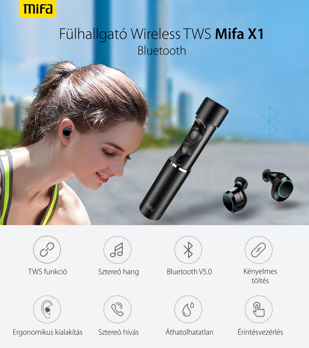 Fülhallgató Mifa X1, Fekete, Wireless, Bluetooth 5.0, TWS, 400 mAh-s akkumulátor