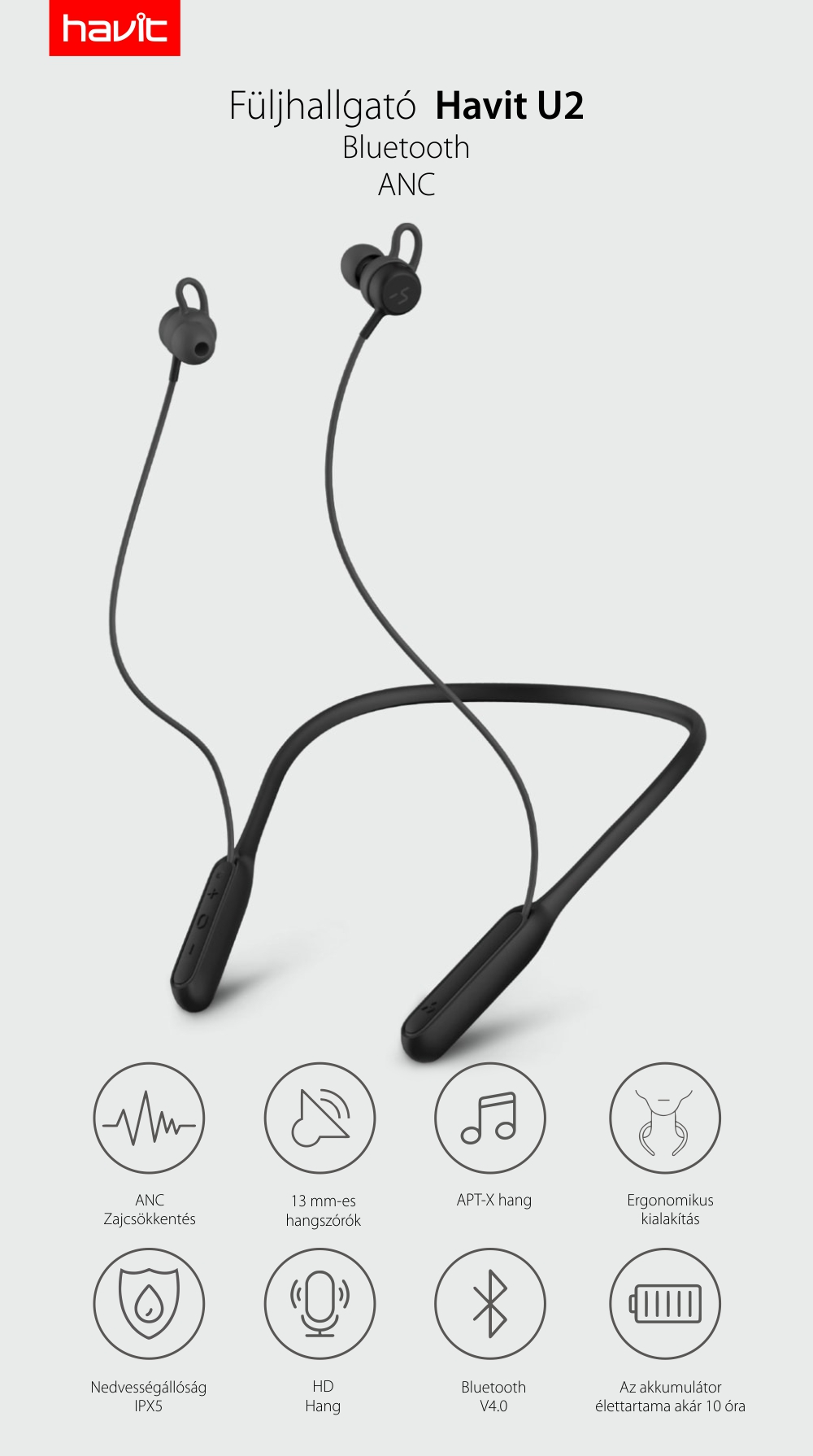 Fülhallgató Havit U2, Bluetooth 4.0, 160 mAh akkumulátor, 32 ohmos impedancia