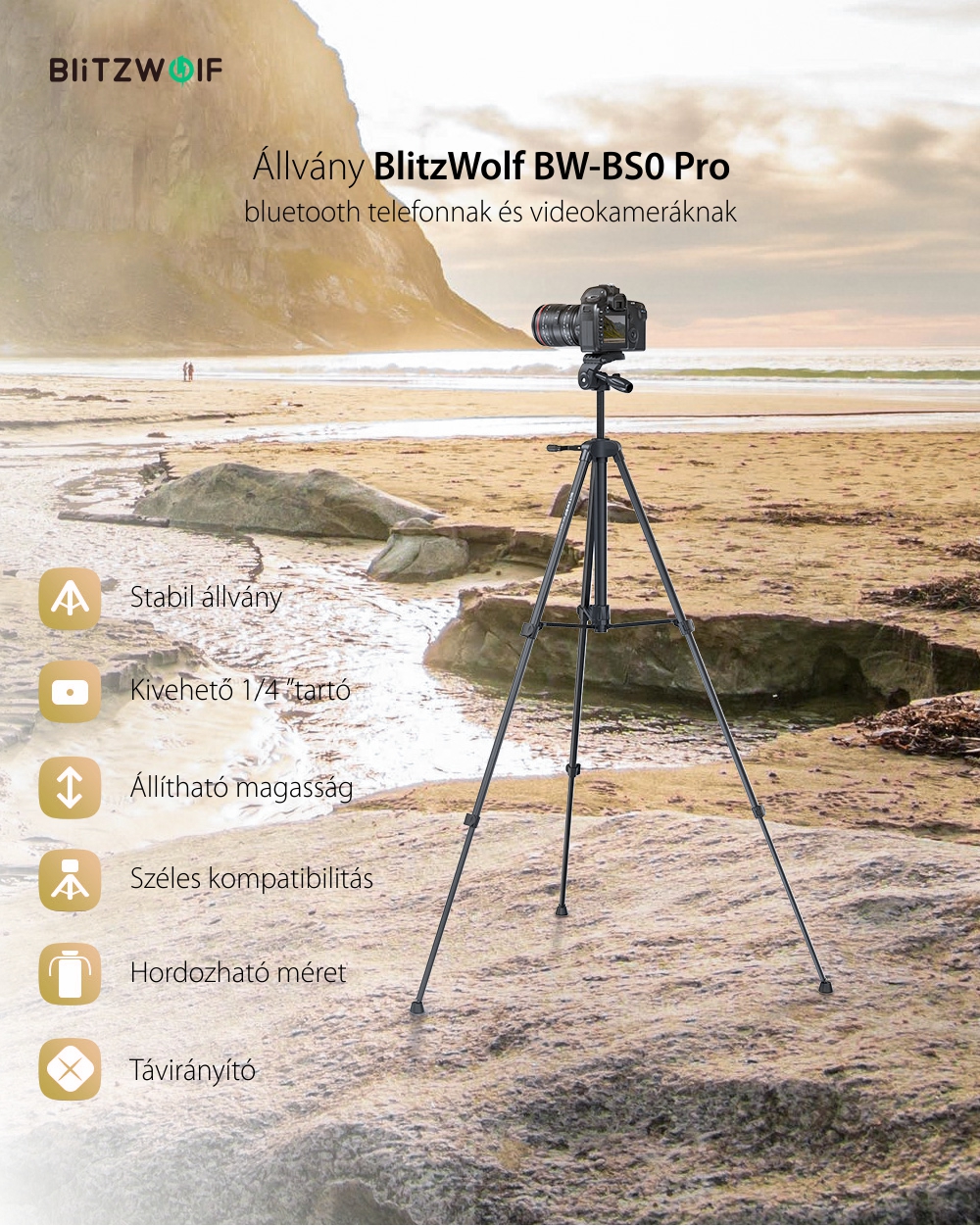 Selfi Állvány BlitzWolf BW-BS0 Pro, Fekete, Fényképezőgépekhez és Telefonokhoz, Távirányító