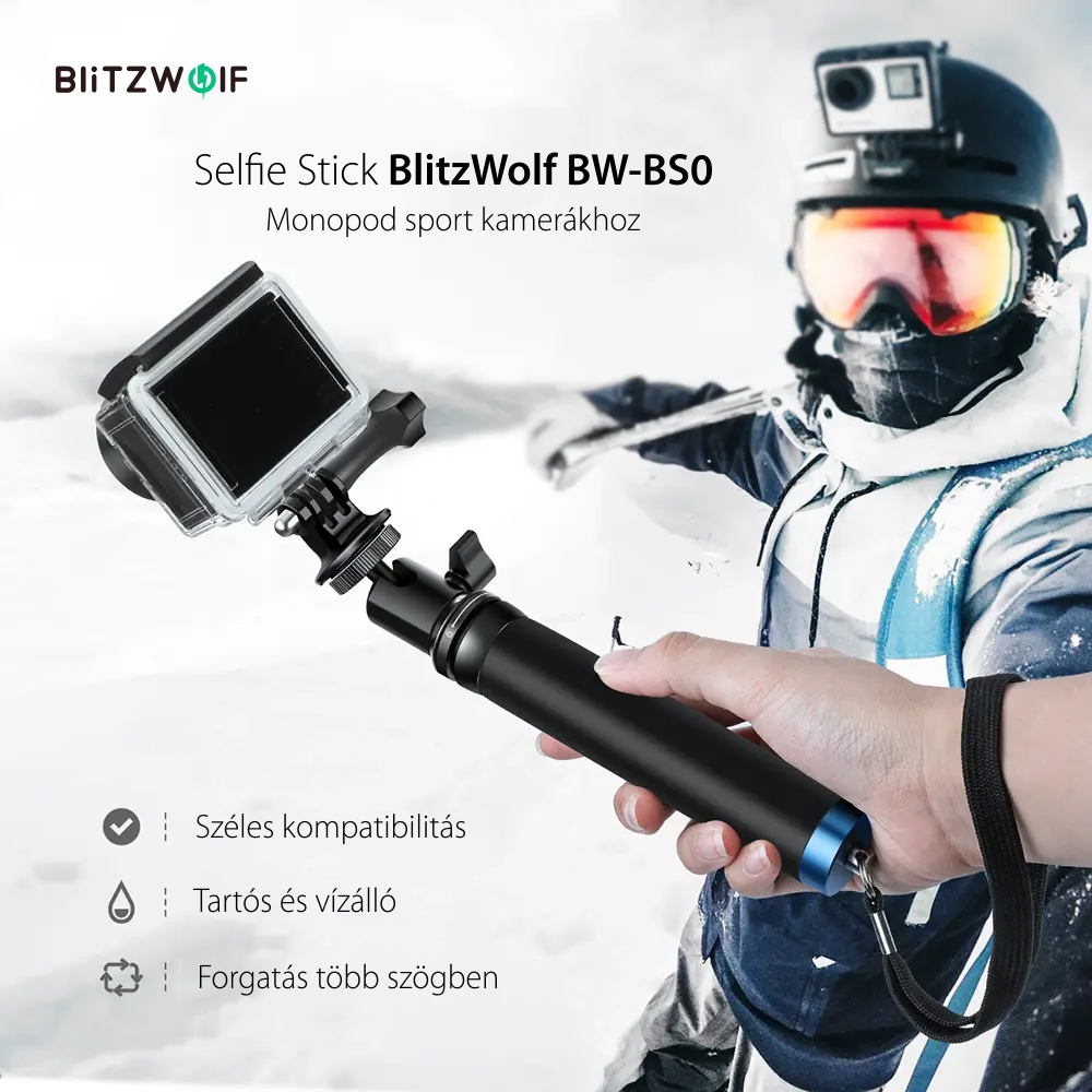 Szelfibot BlitzWolf BW-BS0, Fekete, Sport kamerákhoz, Hosszabbítható, Csipesz