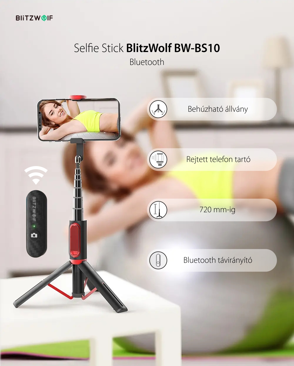 Szelfibot BlitzWolf BW-BS10 Sport, Hordozható, 3 az 1-ben, Multifunkcionális, Levehető, Bluetooth 3.0