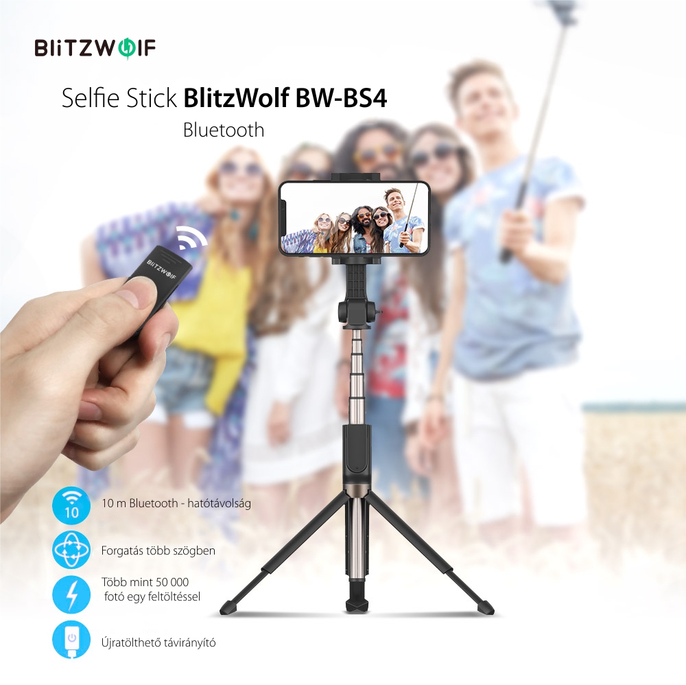 Szelfibot BlitzWolf BW-BS4, Fekete, 3 az 1-ben, Távirányító, Bluetooth, 65 mAh akkumulátor