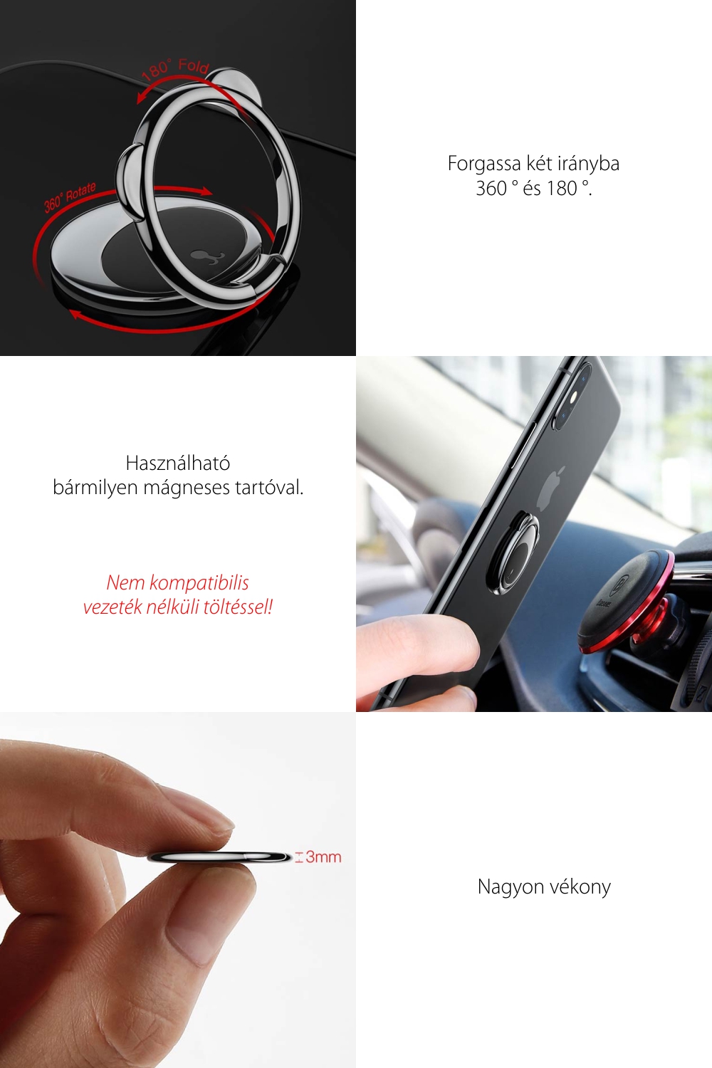 Telefon tartó Baseus Ring Bear, Vastagság 3 mm, Két irányban forgatható, Piros