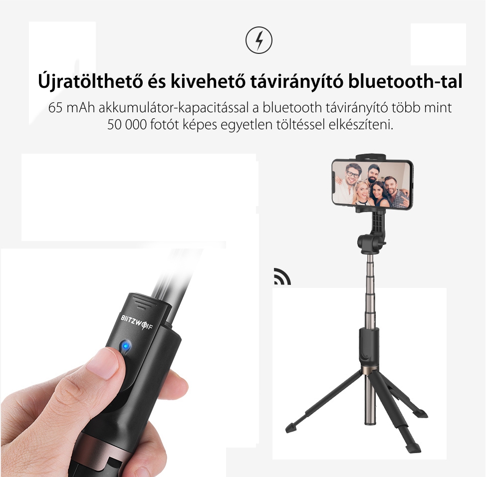 Szelfibot BlitzWolf BW-BS4, Fekete, 3 az 1-ben, Távirányító, Bluetooth, 65 mAh akkumulátor