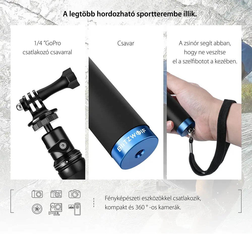 Szelfibot BlitzWolf BW-BS0, Fekete, Sport kamerákhoz, Hosszabbítható, Csipesz