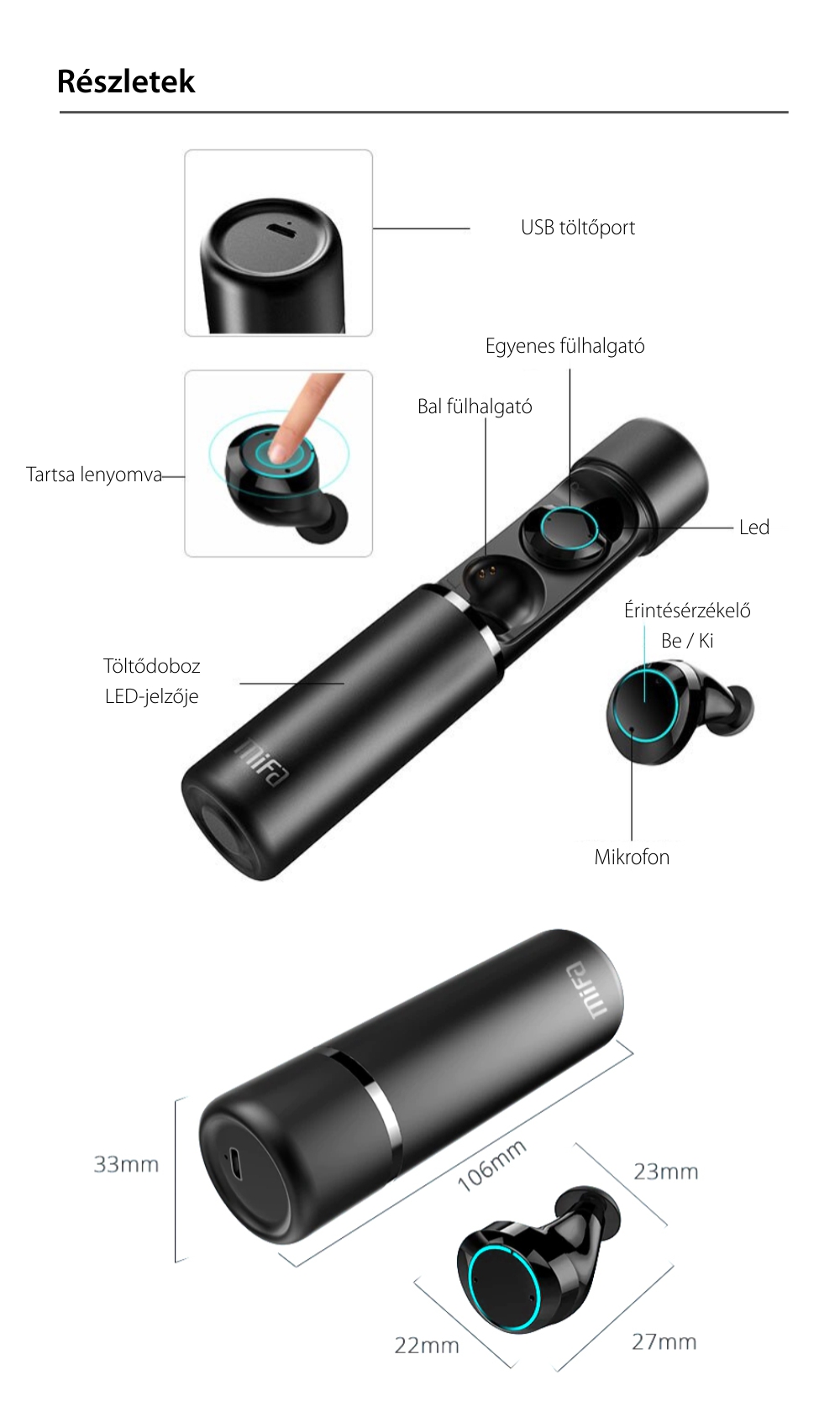 Fülhallgató Mifa X1, Fekete, Wireless, Bluetooth 5.0, TWS, 400 mAh-s akkumulátor