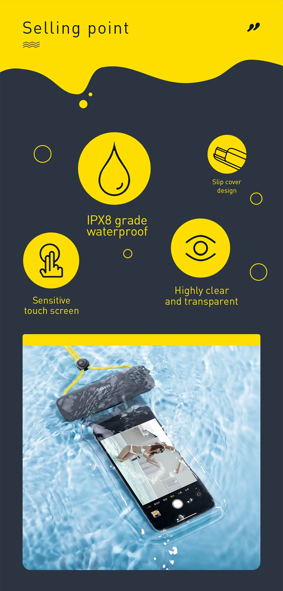 Univerzális Vízálló Tok, Baseus Let’s Go, Vízálló Záródás, 7,2″, Fehér