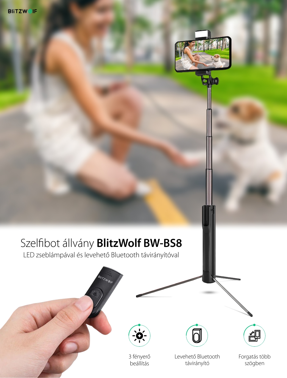 Szelfibot BlitzWolf BW-BS8, Kihúzható 82 cm, LED zseblámpa, Bluetooth távirányító
