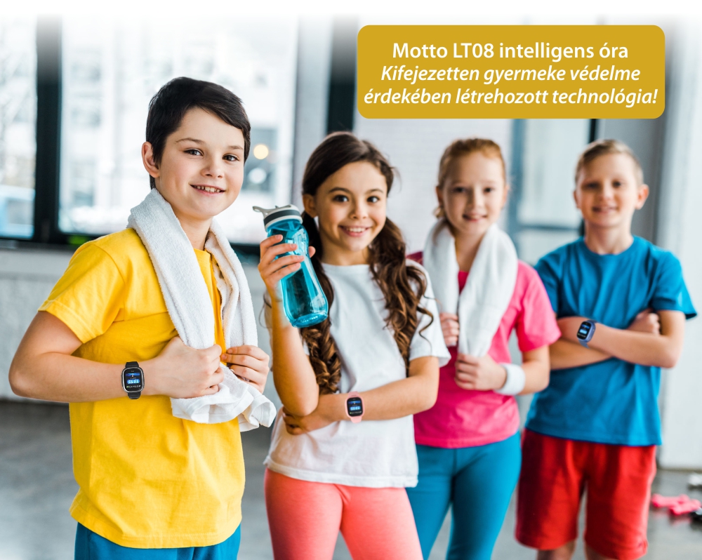 Okosóra gyerekeknek Motto LT08 Tárcsázási funkcióval, GPS Nyomkövető, Hang és szöveges üzenetek, Videohívás, Riasztás, Kamera, Fekete