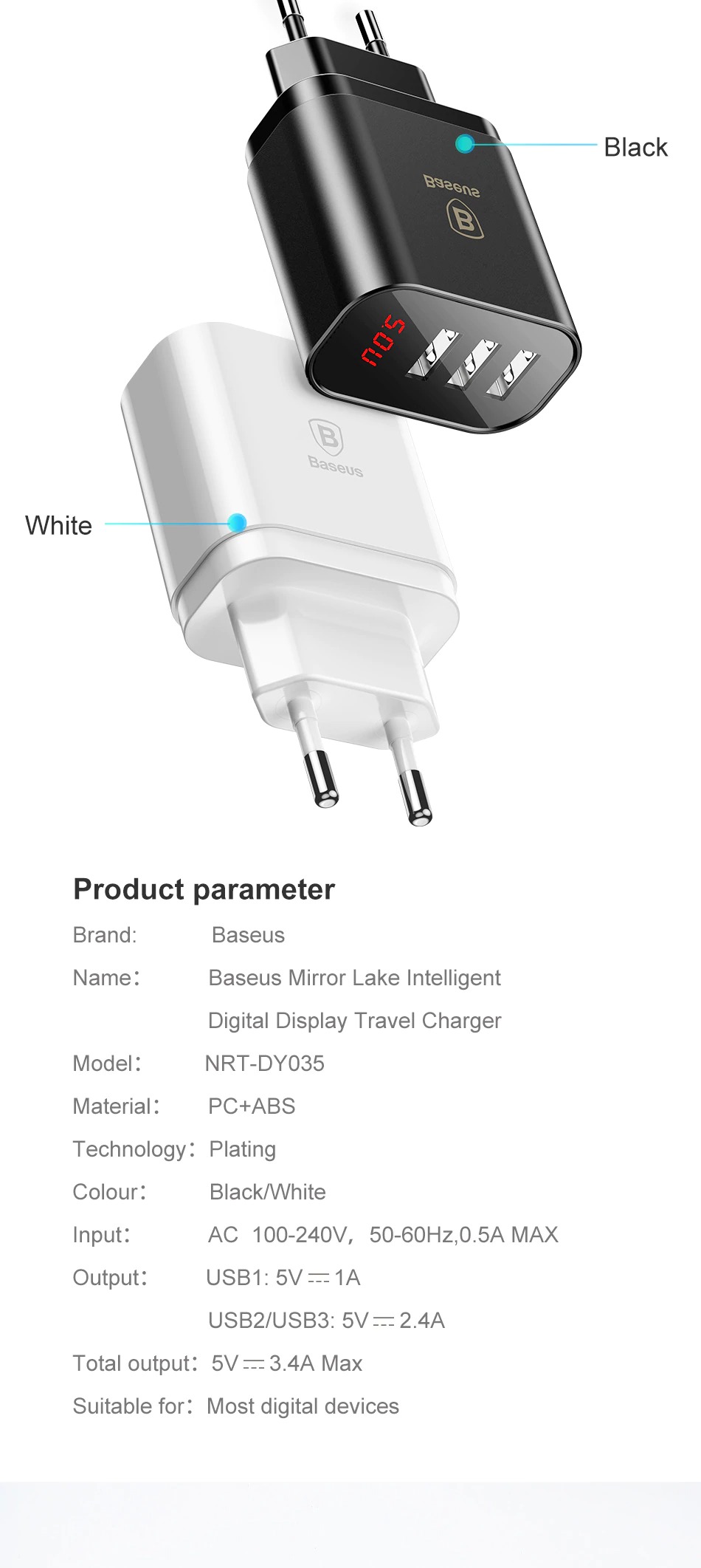 Baseus Mirror Gyors Utazási Hálózati Töltő, LED kijelző, 3 x USB, 3,4 A töltő, Fehér