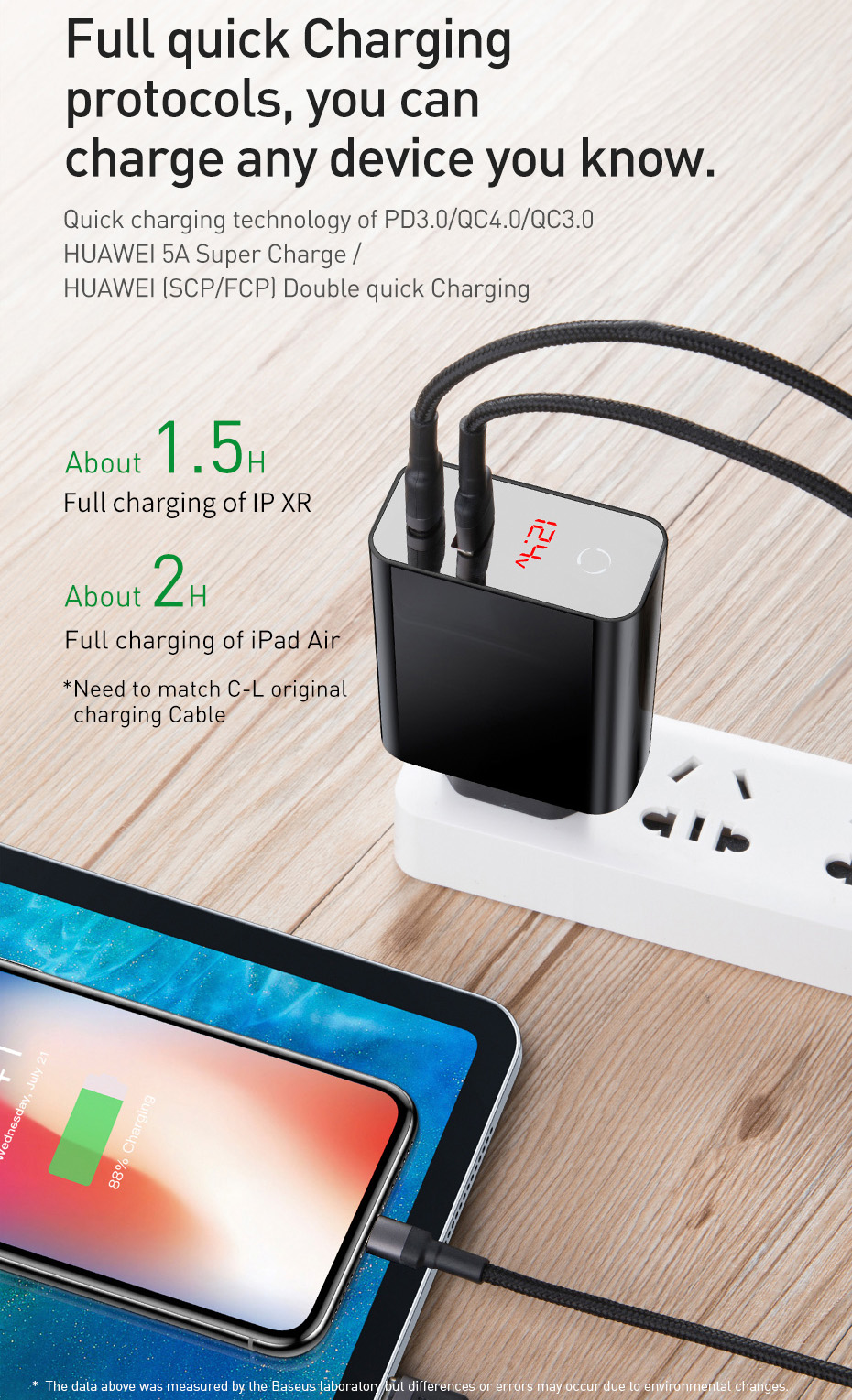 Baseus Hálózati Töltő, USB port 5A + Type-C 3A, Gyors töltés, Teljes teljesítmény 45 W, Digitális kijelző