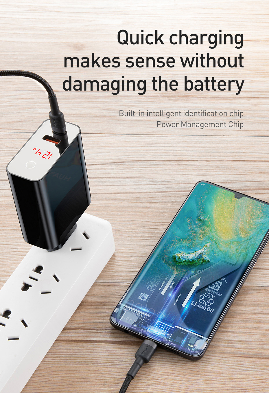 Baseus Hálózati Töltő, USB port 5A + Type-C 3A, Gyors töltés, Teljes teljesítmény 45 W, Digitális kijelző