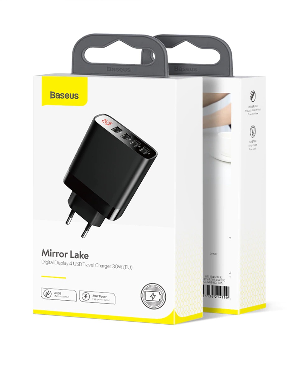 Baseus Mirror Lake Utazási Hálózati Töltő, 4 USB bemenet, max. 30 W, LED Kijelző, Fehér