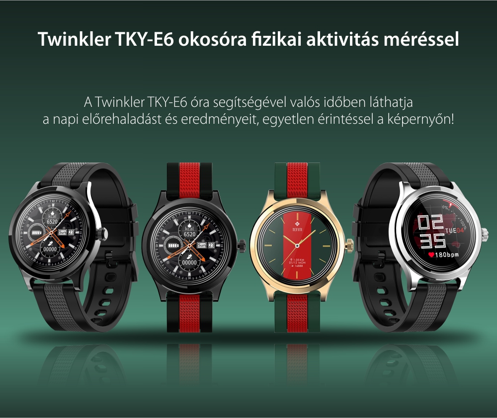 Okosóra Twinkler TKY-E6, Ezüst tok, Fekete / Szürke karkötő, Vérnyomásméréssel, Pulzusszám, Oxigén, Egyedi tárcsa, Alvásfigyelés, Lépésszámláló, Sport módok