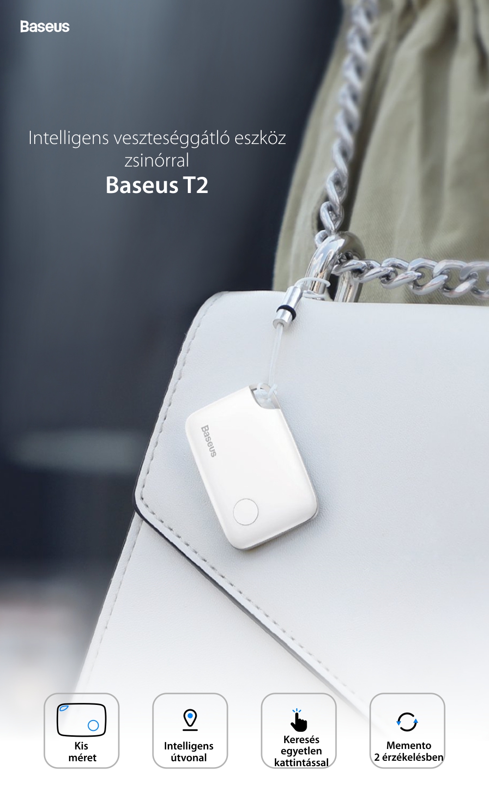 Baseus Intelligent T2 Veszteséggátló Készülék, Bluetooth, Alkalmazásfigyelés, 75 mAh-s akkumulátor, 100 dB-es riasztás, Fehér