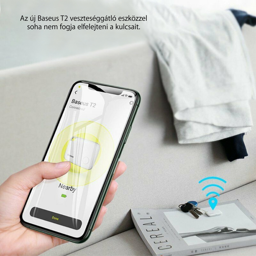 Baseus Intelligent T2 Veszteséggátló Készülék, Bluetooth, Alkalmazásfigyelés, 75 mAh-s akkumulátor, 100 dB-es riasztás, Fehér