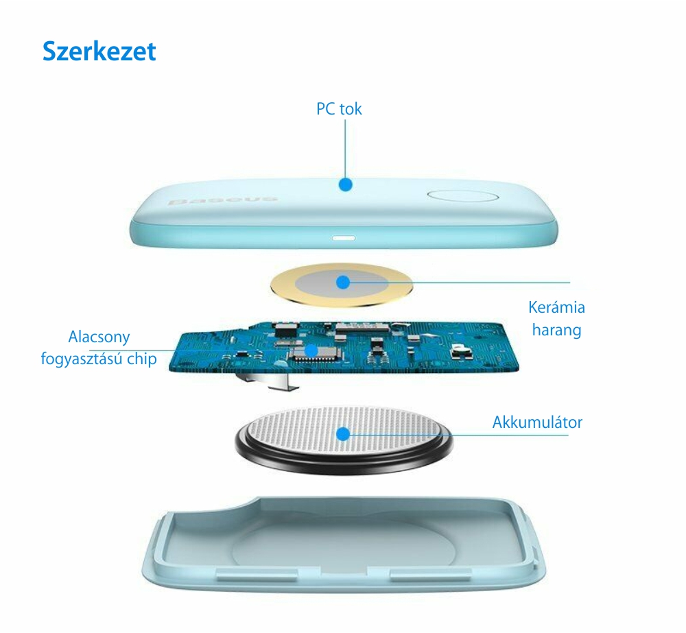 Baseus Intelligent T2 Veszteséggátló Készülék, Bluetooth, Alkalmazásfigyelés, 75 mAh-s akkumulátor, 100 dB-es riasztás, Fehér