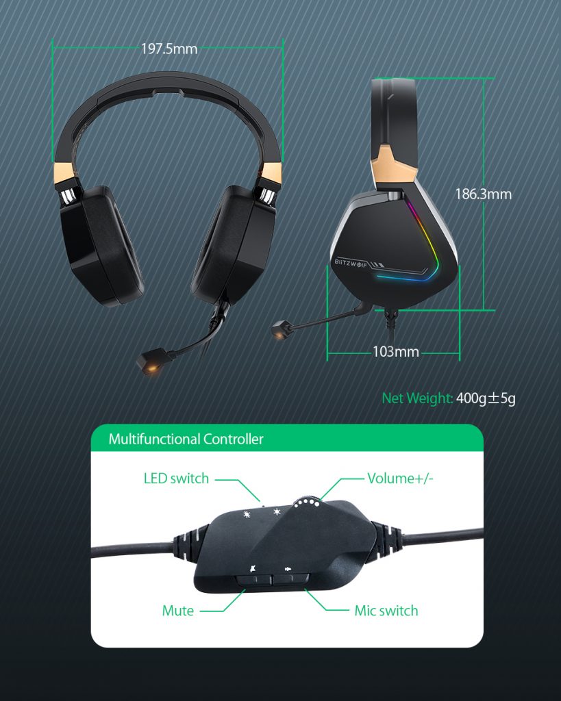 Gamer Fejhallgató BlitzWolf BW-GH2, USB csatlakozás, 7.1 Hang, RGB LED Világítás, 50 mm diver