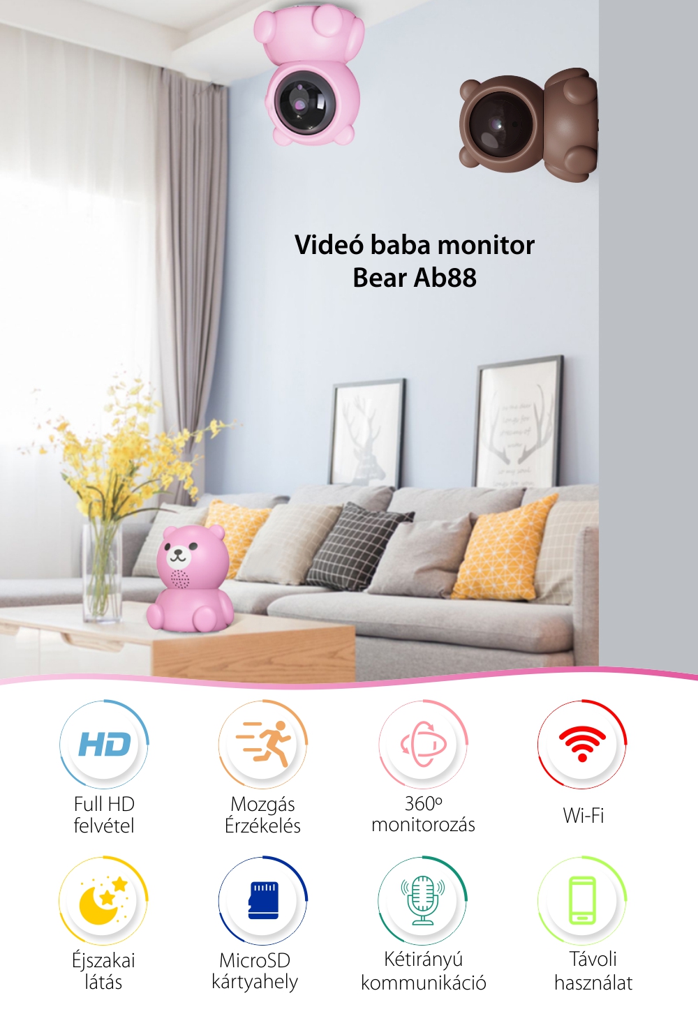 Bébiőr Bear AB88, Mozgásérzékelés, 360 ° figyelés, Éjszakai nézet, Kétirányú kommunikáció, MicroSD foglalat, Rózsaszín