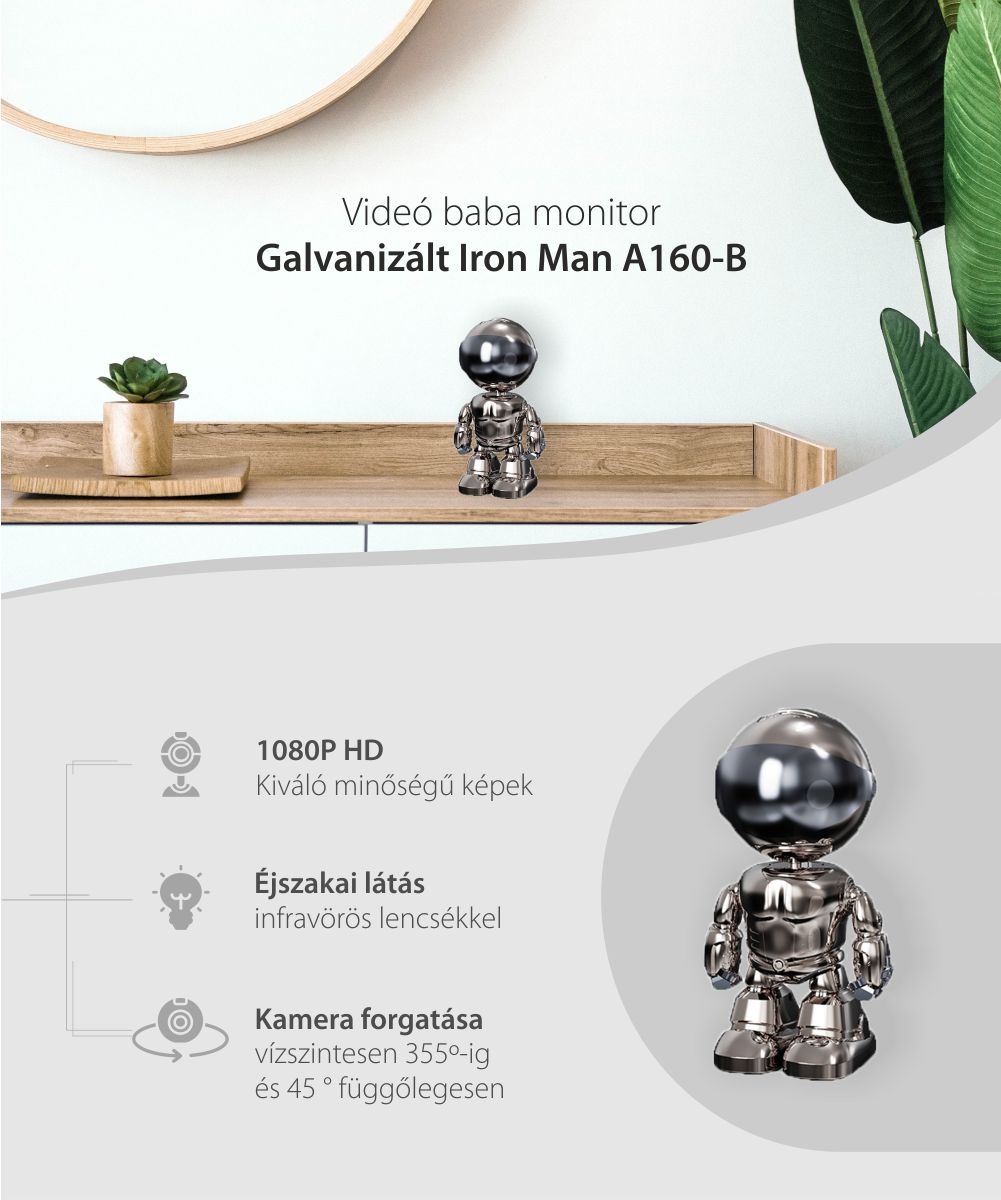 Bébiőr Galvanizált Iron Man A160-B, Kétirányú kommunikáció, Éjszakai nézet, 360 ° -os figyelés, Alkalmazásvezérlés, MicroSD foglalat